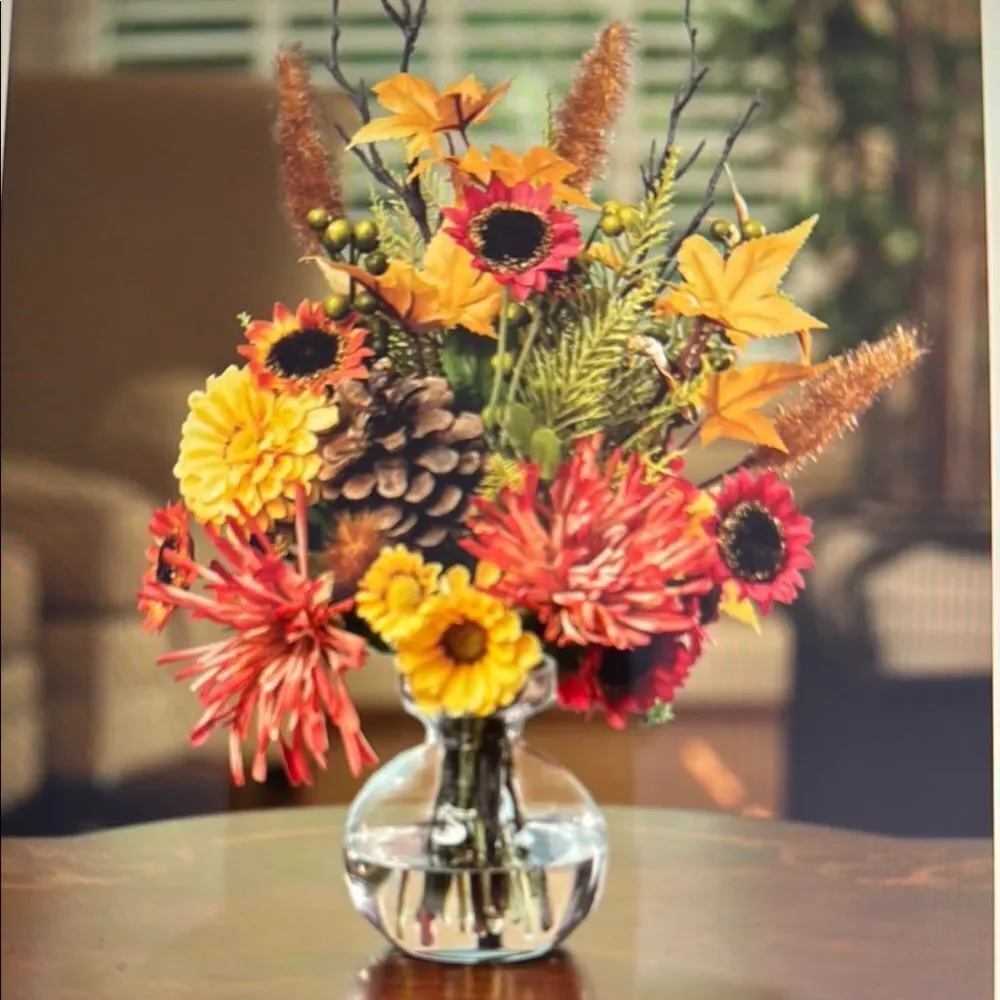 Harvest Moon Silk Flower Autumn Floral Arrangement in Glass Vase